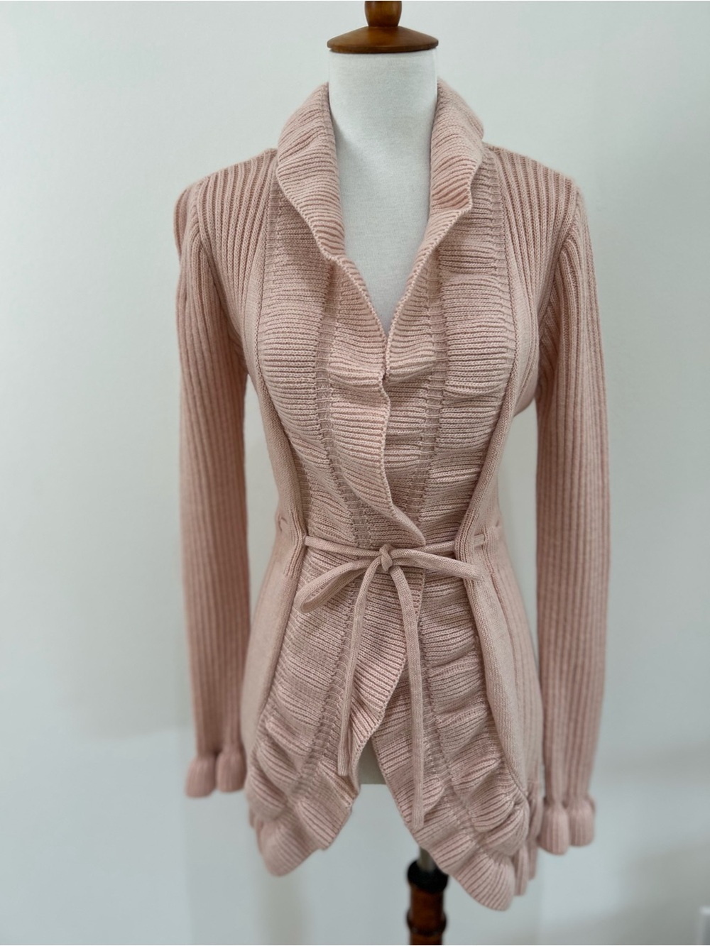 Vintage Cache Blush Pink Ruffle Tie Front Knit Cardigan Sweater Wool Angora XS